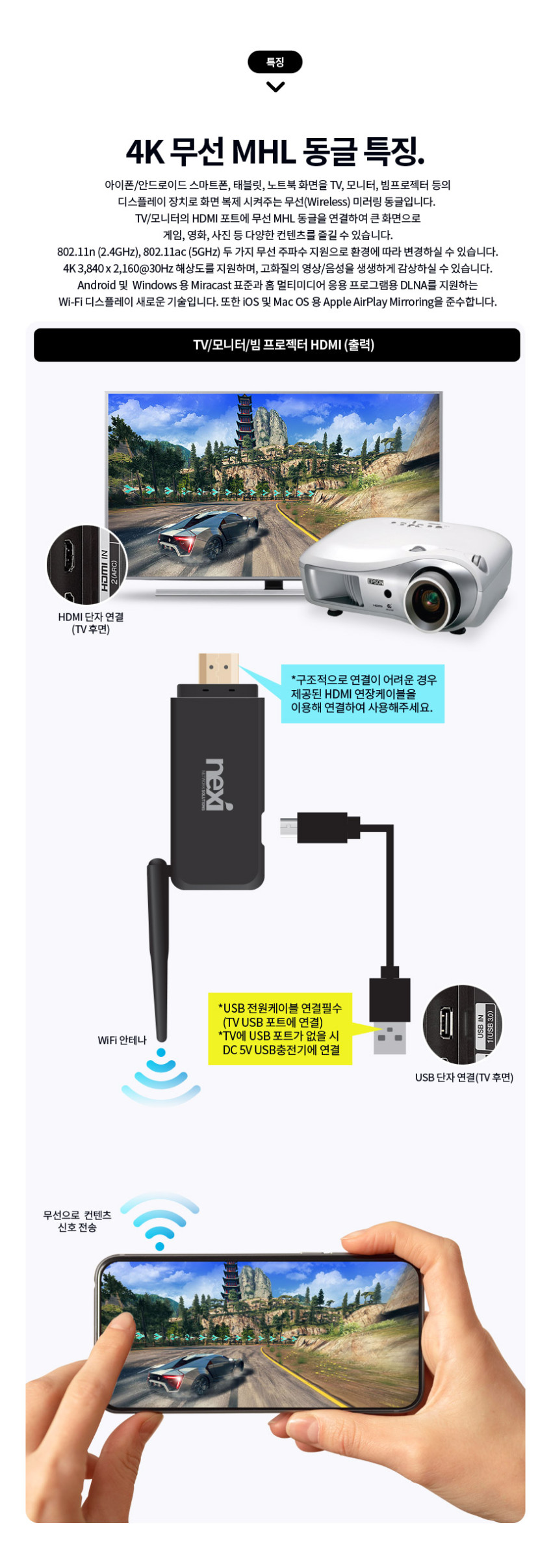 4K 미라캐스트 동글 스마트폰 무선 미러링 동글이 HDMI TV 연결 판매처 상세 정보 이미지 2