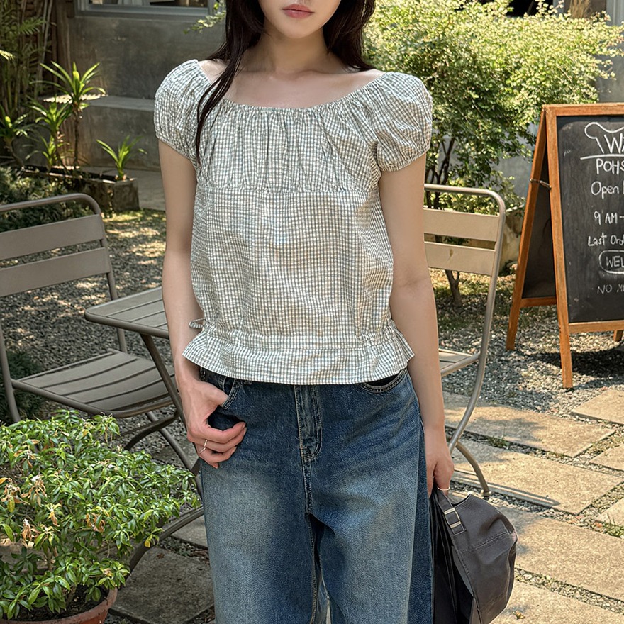 빈티지 체크 여름 투웨이 오프숄더 코튼 블라우스 - 상세 이미지 5