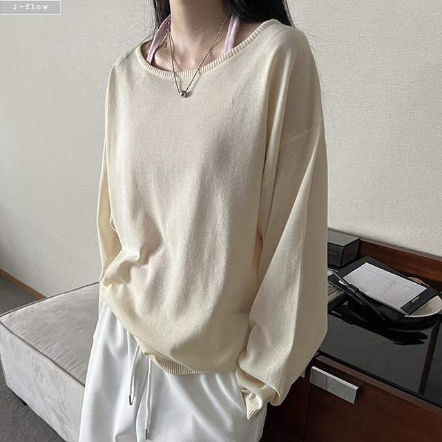 비플 오버 라운드 루즈핏 린넨 니트 5col 봄 여름 선스크린 시스루 보트넥 제이플로우 - 상세 이미지 2