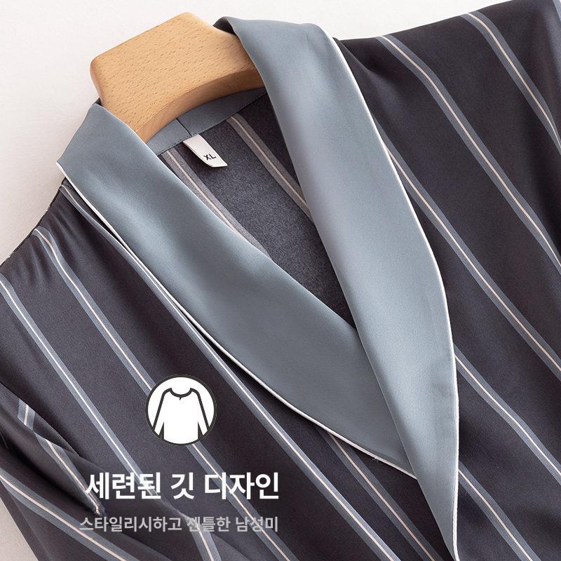 세트 남성잠옷 수면 상하의 고급 부드러운 실크필 실내복 무지 실크핏 체크 캐주얼 - 상세 이미지 3