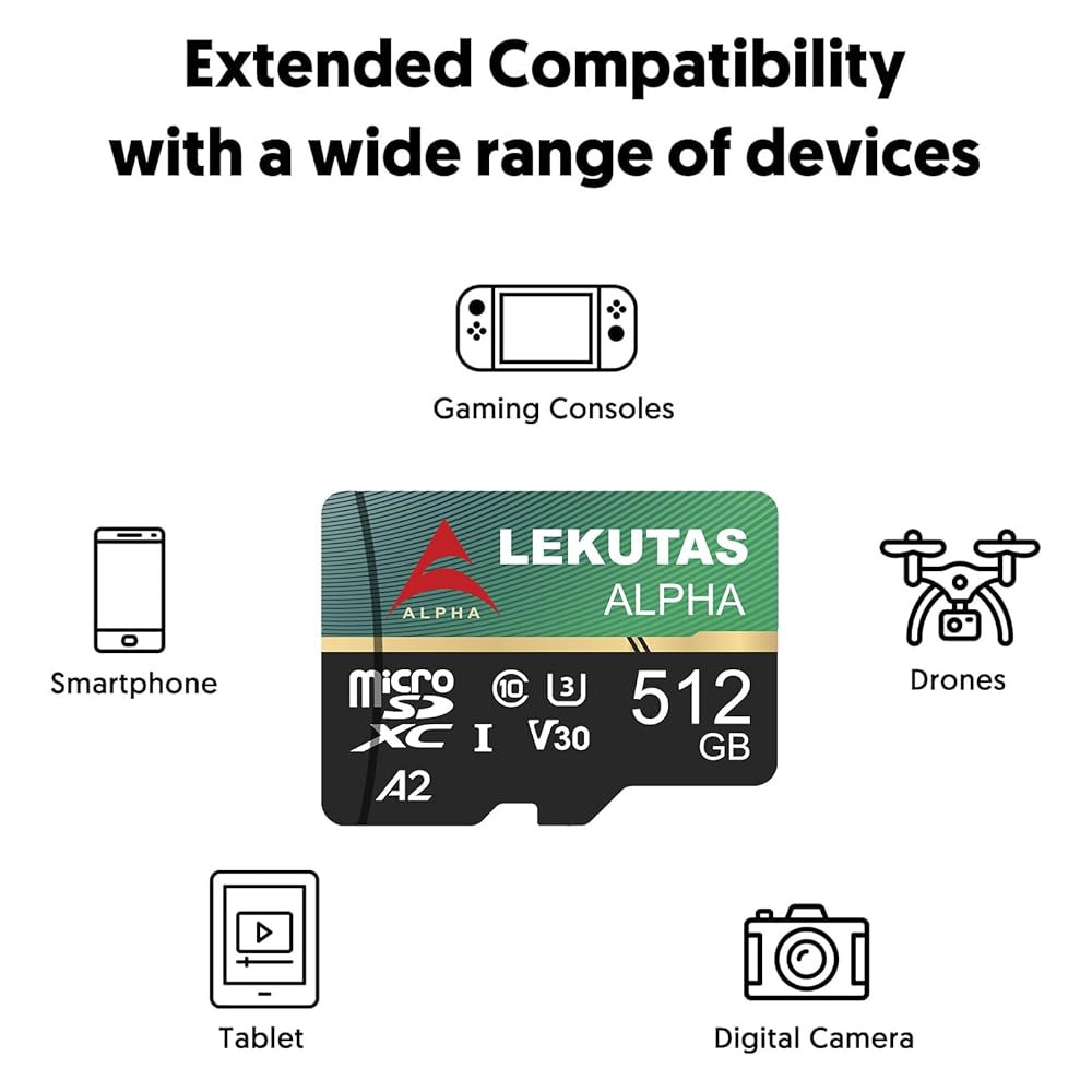 LEKUTAS 512GB 마이크로 SD 카드, microSDXC UHS-I 플래시 메모리 카드 TF 고속 읽기 속도 120MB /s, C10, U3, A2, V30, 풀 HD, - 상세 이미지 2