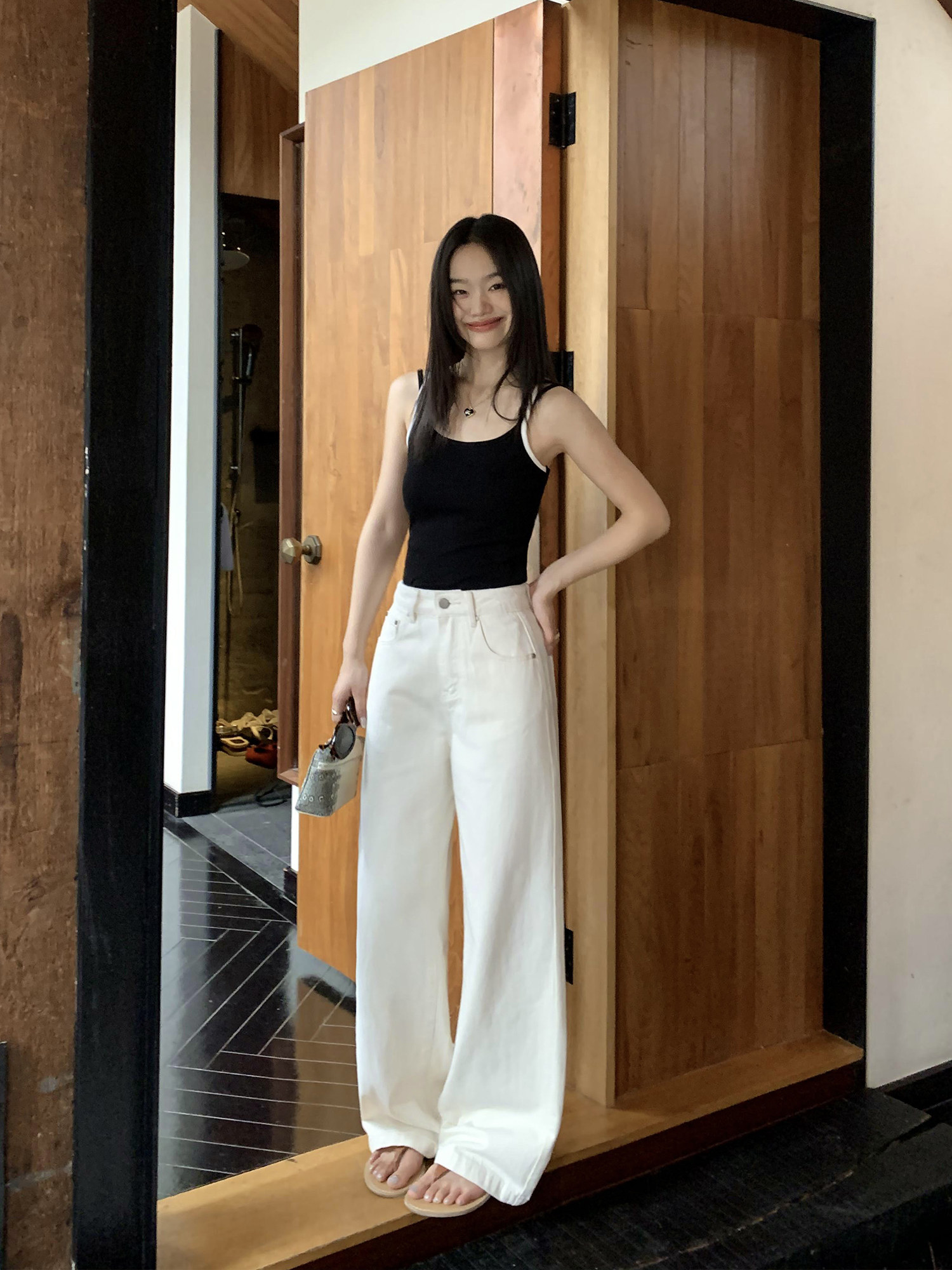 pusumede 여성여름바지 화이트 여성면바지 와이드팬츠 - 상품 이미지