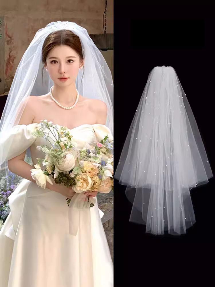 면사포 웨딩베일 셀프웨딩 브라이덜샤워 화이트 2단 촬영소품 신부용품 리본 베일 액세서리 이미지 6