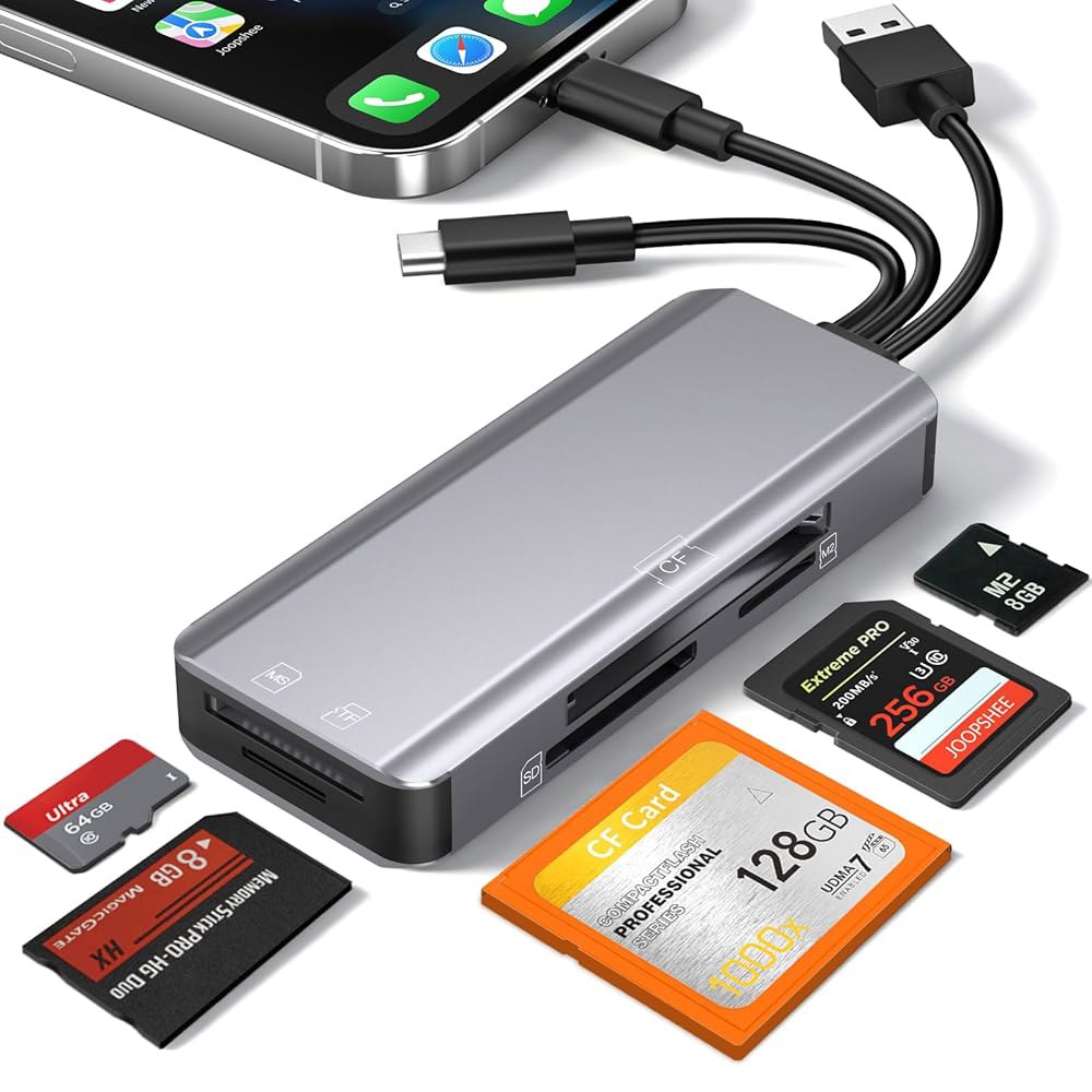 5-in-1 멀티 메모리 카드 리더, 알루미늄 SD /TF /CF /MS /M2 /Cfast /메모리 스틱 프로 듀오 /i-Pad USB C 및 A 장치용 마이크로 리더 어댑터, - 상품 이미지