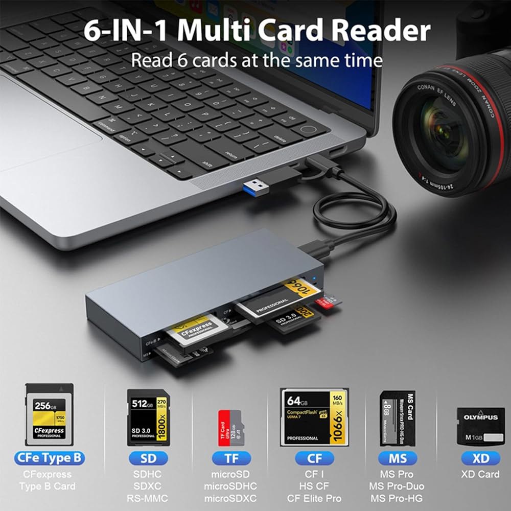 DAGIJIRD 휴대용 메모리 카드 리더기 6-in-1 멀티 포트 USB 3.2 Gen2 10Gbps - CF Express Type B /CF /MS /XD /SD /TF - 상세 이미지 3
