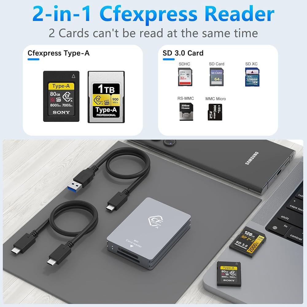 CFExpress 타입 A 및 SD 이중 슬롯 카드 리더, 리더 어댑터 메모리 10Gbps USB 3.2 Gen 2, C to / Windows용 케이블 /Mac OS /Linux - 상세 이미지 2