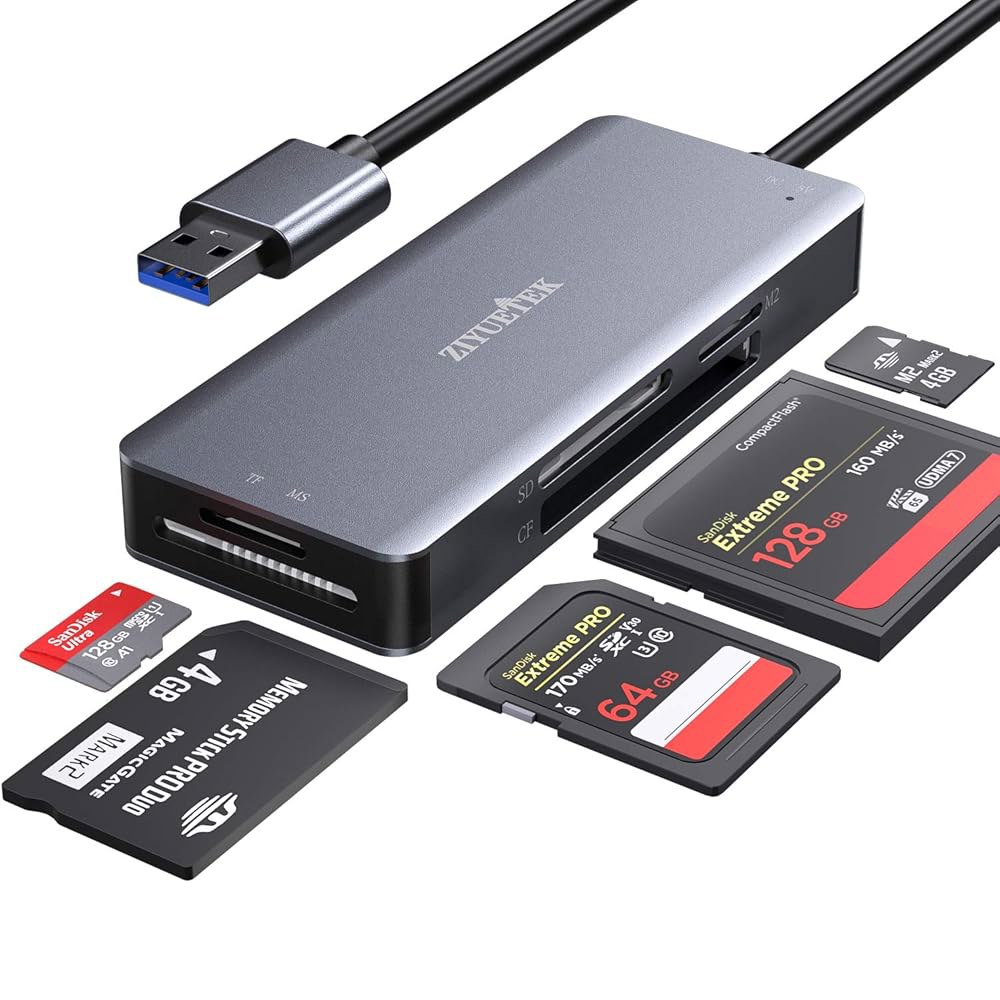 CF 카드 리더, USB 3.0에서 컴팩트 플래시 메모리 리더 어댑터 5Gbps 읽기 SDXC, SDHC, 마이크로 SD, M2, MS, 및 UHS-I 카드(그레이)용 5장 동시 - 상품 이미지