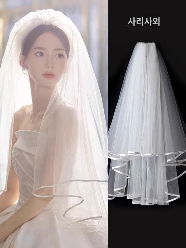 면사포 웨딩베일 셀프웨딩 브라이덜샤워 화이트 2단 촬영소품 신부용품 리본 베일 액세서리 - 상세 이미지 4