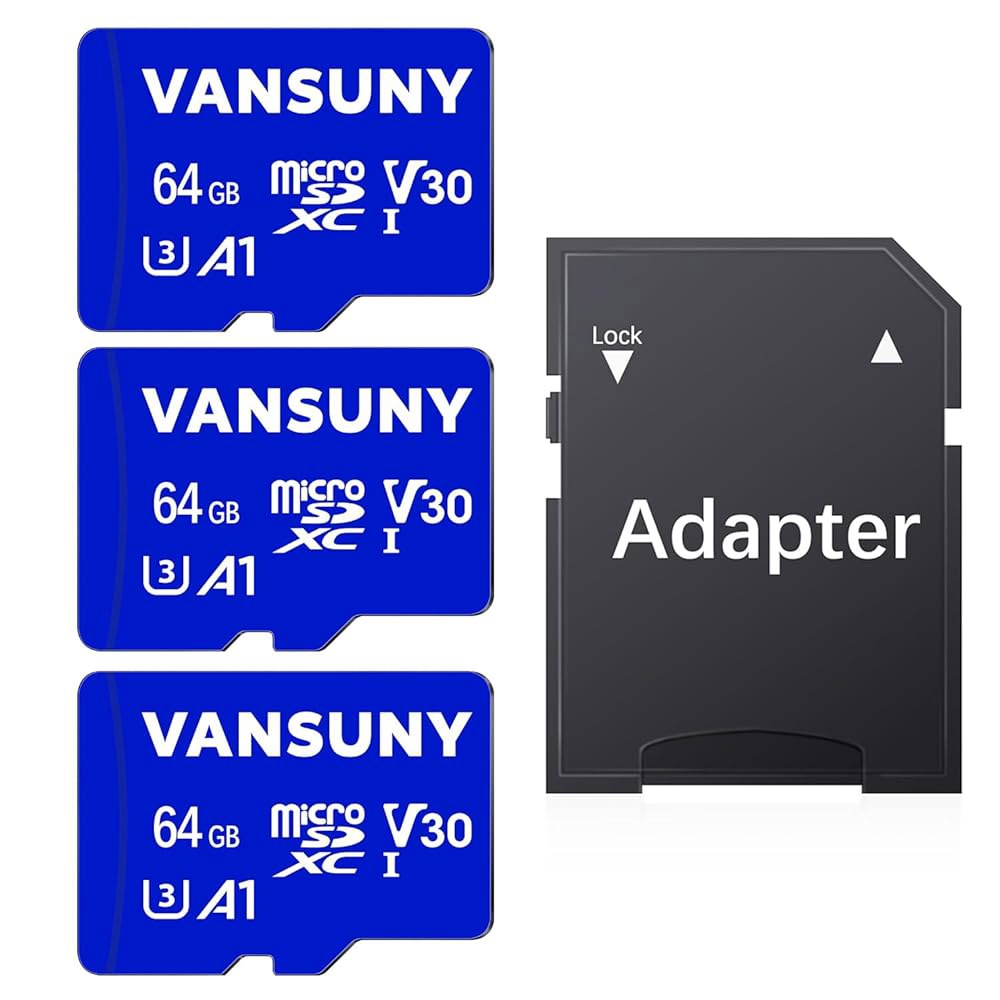 uny Micro SD 카드 64GB 3팩 microSDXC 메모리 카드와 어댑터 A1 앱 성능 V30 4K 비디오 녹화 C10 U3 폰, 카메라, 대시 캠, 액션 카메라용 - 상품 이미지