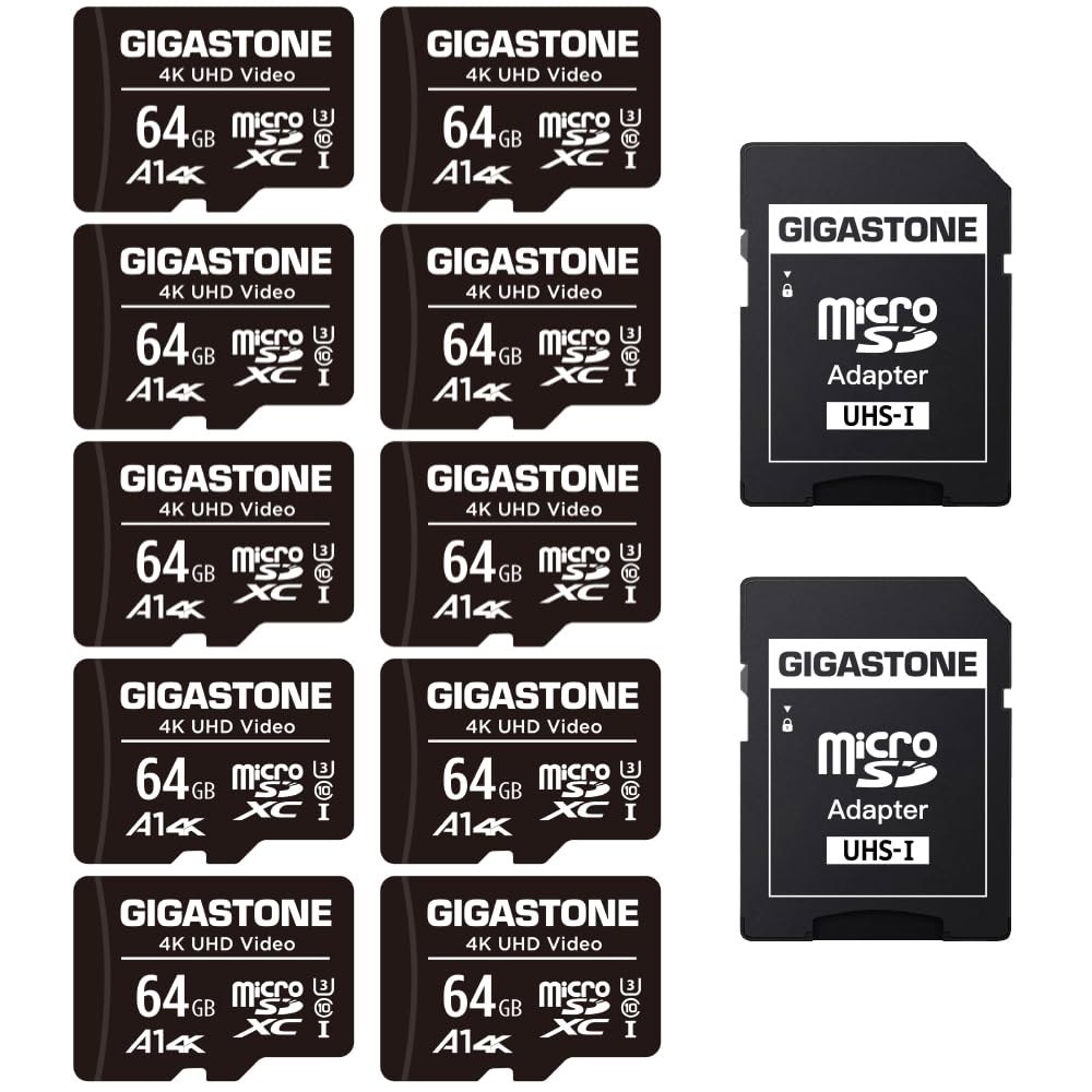 기가스톤 64GB 마이크로 SD 카드 10팩, A1 V30 4K 비디오 녹화, 감시 캠 액션 카메라 드론 전문가, 90MB /s SDXC UHS-I 클래스 10 - 상품 이미지