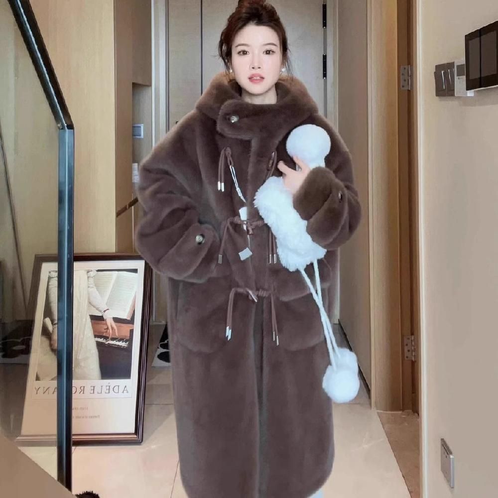 에코퍼 루즈핏 빅사이즈 캐주얼 뽀글이 오버핏 롱코트 여자 아우터 모직 떡볶이 여자겨울코트 갈색 S - 상품 이미지