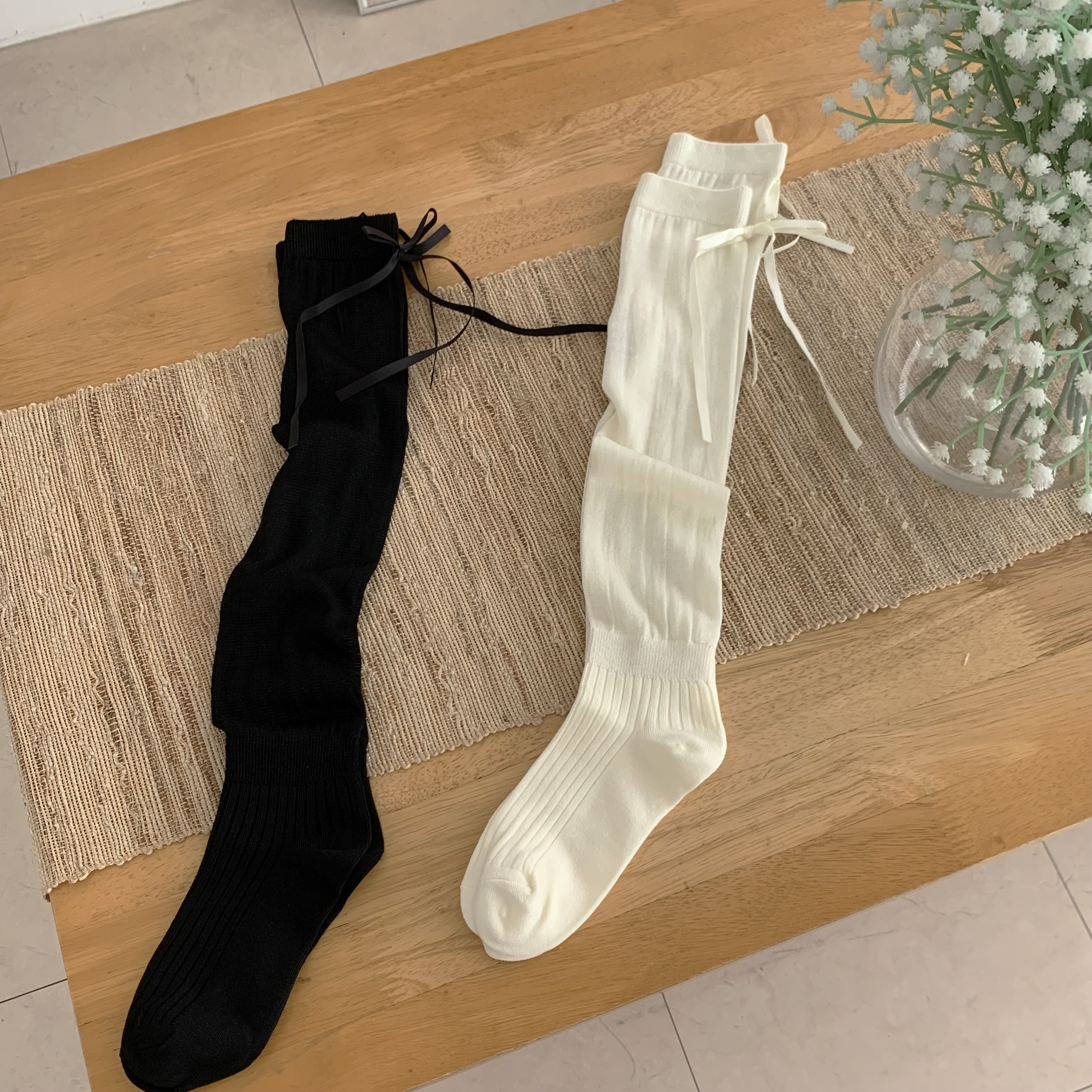 리본 시스루 주름 발레코어 워머 니삭스 롱 양말 2color 이미지 6