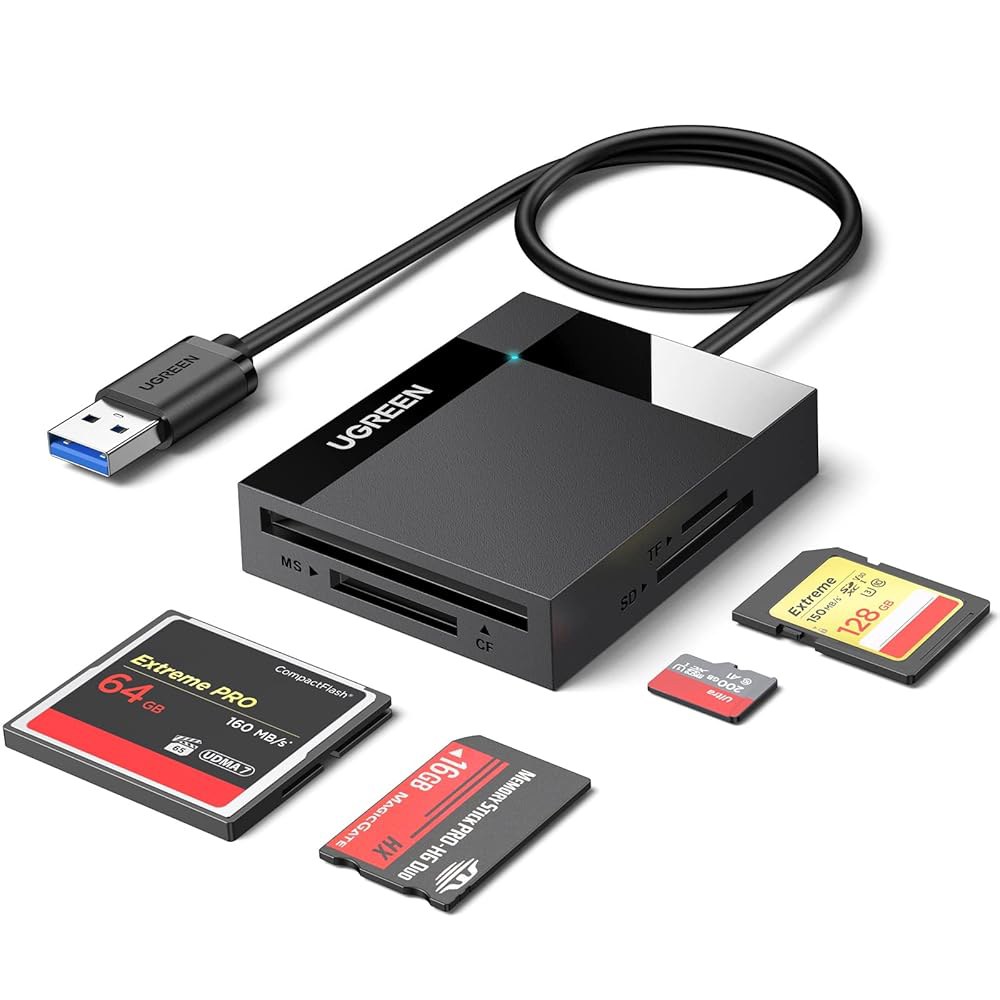 UGREEN SD 카드 리더 USB 3.0 허브 어댑터 5Gbps 읽기 CF, CFI, TF, SDXC, SDHC, SD, MMC, Micro MS, UHS-I (블랙) - 상품 이미지