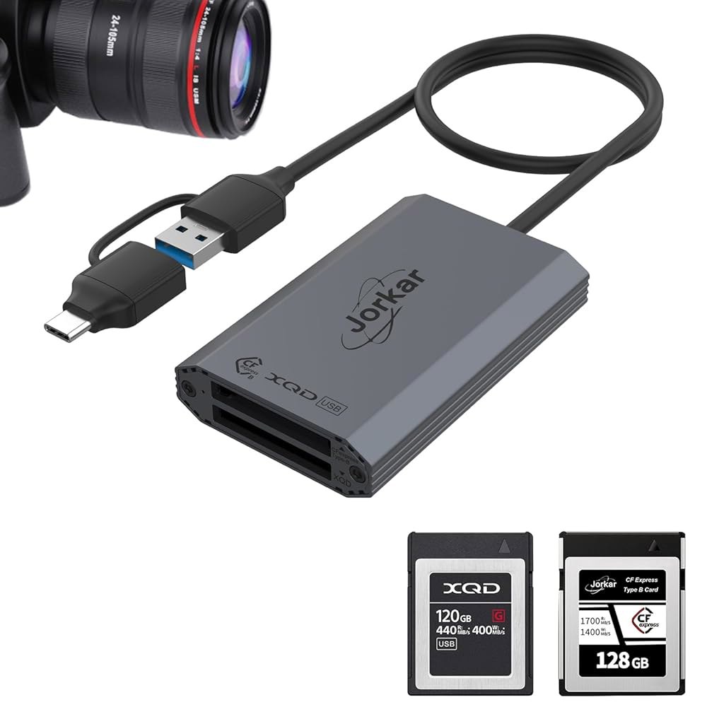 Jorkar CFexpress B형 리더 및 XQD 카드 USB-C, 니콘 캐논 파나소닉용 카메라 메모리 리더, USB A C가 포함된 2in1 3.2 10Gbps(10Gbps) - 상품 이미지