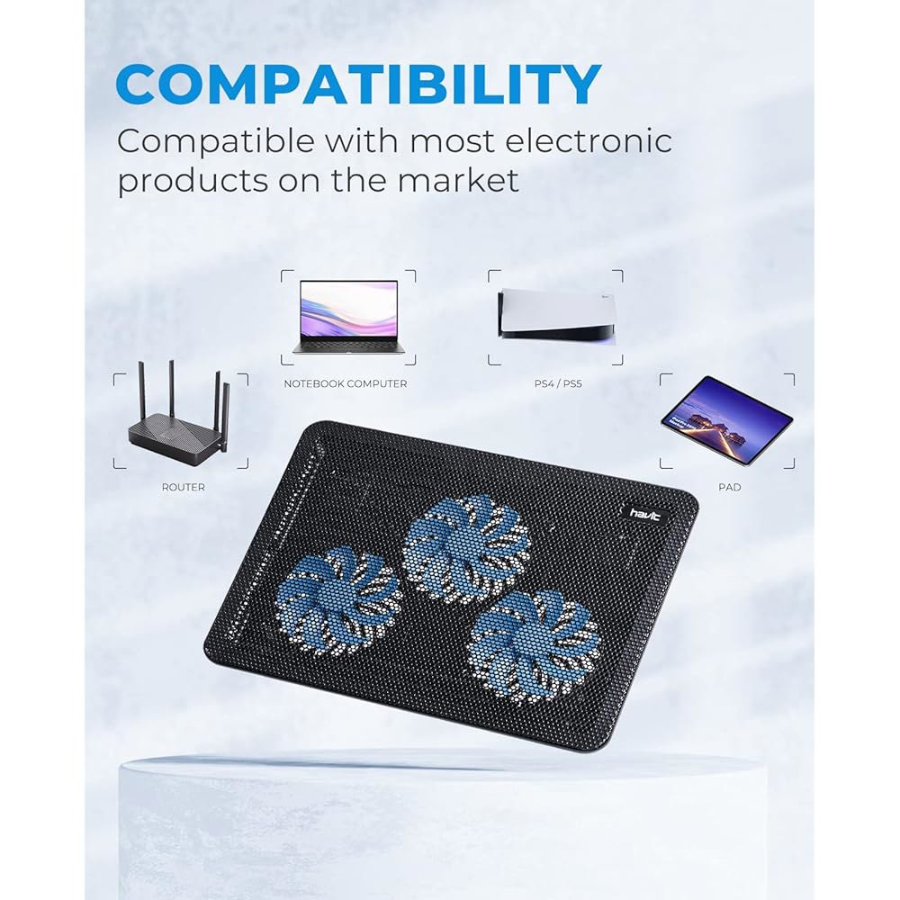 havit HV-F2056 15.6 -17 노트북 쿨러 냉각 패드 - 슬림 휴대용 USB 전원 공급(3개의 팬), 블랙/블루 Black+Blue - 상세 이미지 3