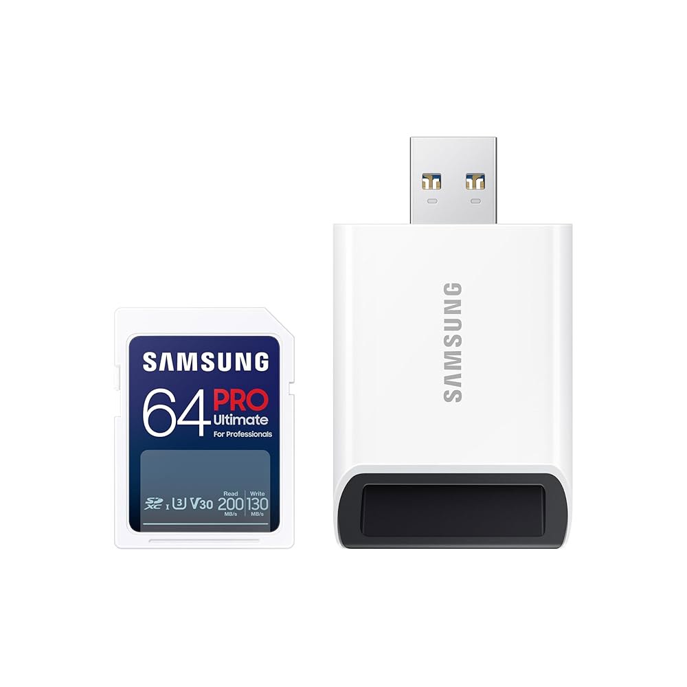 삼성 PRO 얼티밋 풀사이즈 메모리 카드 /USB 3.0 리더, 64GB SDXC, 최대 200MB/s, 4K UHD, UHS-I, C10, U3, V30, DSLR용 A2, 미러 - 상품 이미지