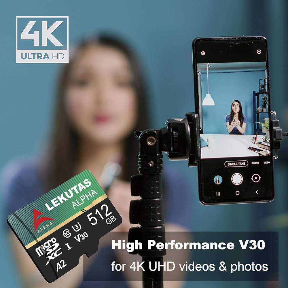 LEKUTAS 512GB 마이크로 SD 카드, microSDXC UHS-I 플래시 메모리 카드 TF 고속 읽기 속도 120MB /s, C10, U3, A2, V30, 풀 HD, - 상세 이미지 3