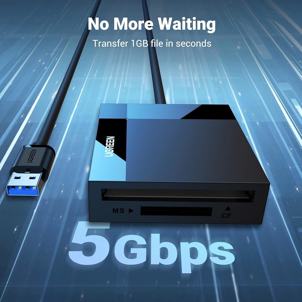 UGREEN SD 카드 리더 USB 3.0 허브 어댑터 5Gbps 읽기 CF, CFI, TF, SDXC, SDHC, SD, MMC, Micro MS, UHS-I (블랙) - 상세 이미지 2