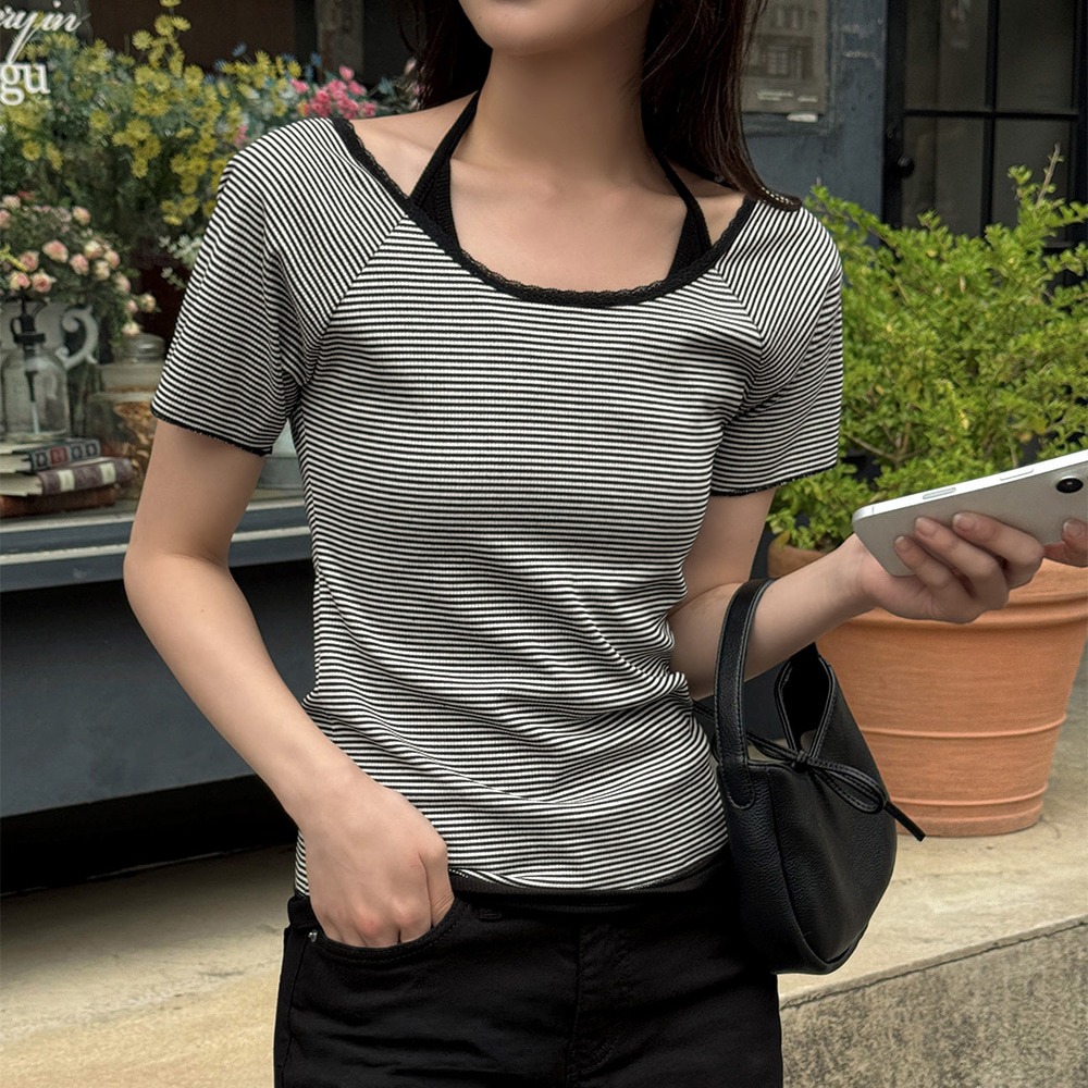 스트라이프 레이스 라운드넥 반팔 티셔츠 이미지 8