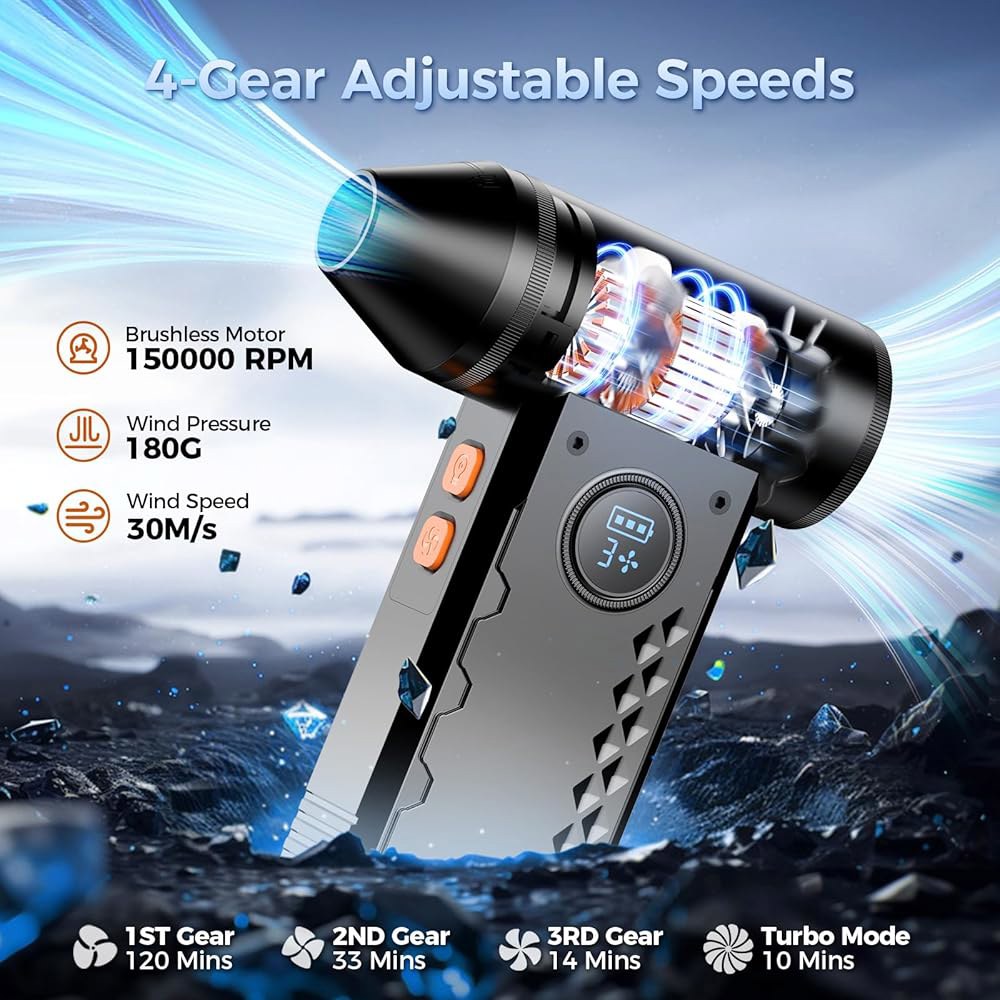 압축 공기 집진기, LED 디스플레이 및 조명이 장착된 1500RPM 전기 4 기어 조절식 무선 송풍기, 키보드, 전자 기기, 가정, 자동차용 충전식 브러시리스 모터 터보 - 상세 이미지 2