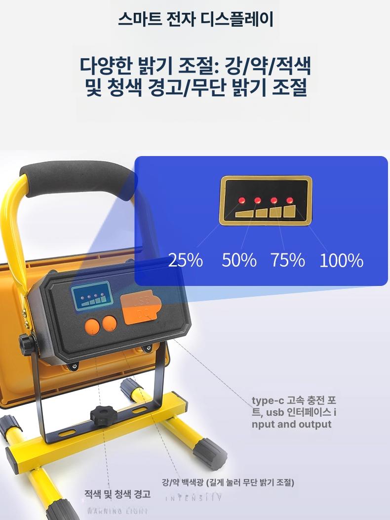 휴대용 충전식 LED 투광기 무선 작업등 낚시조명 캠핑 야외용 태양광 랜턴 방수 밝기조절 포터블 - 상세 이미지 5