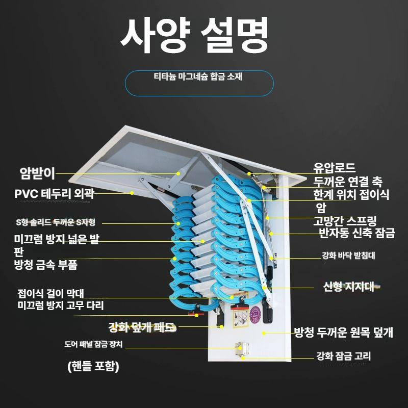 접이식 다락방 사다리 천장 천정 부착형 옥상 안전 탄소강 재질 가정용 다층계단 - 상세 이미지 3