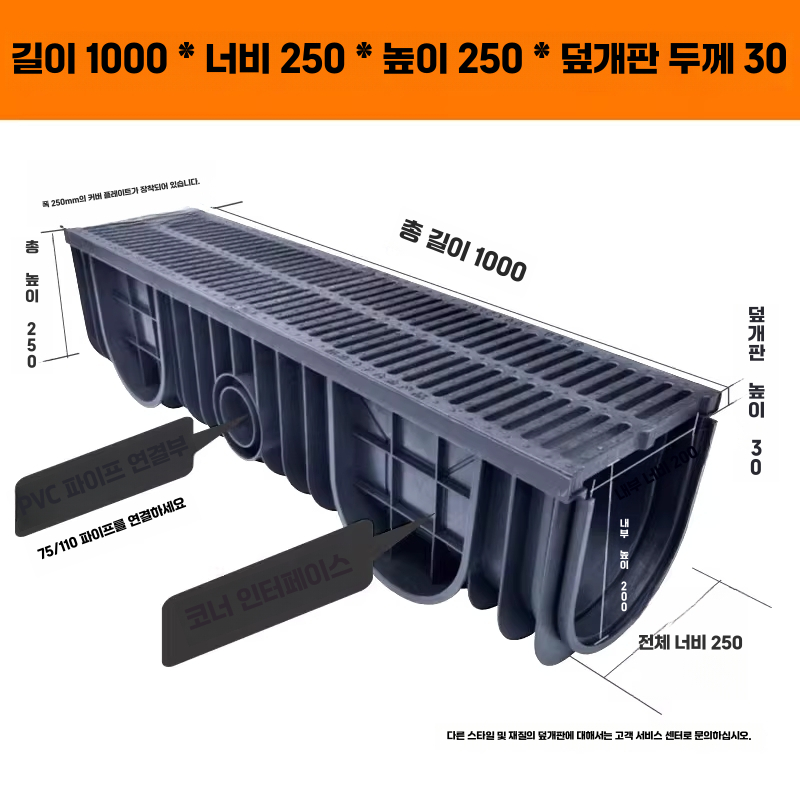 PE배수로 U자 플륨관 거름망 빗물받이 도랑 사출 맨홀 25x100x3cm 이미지 6