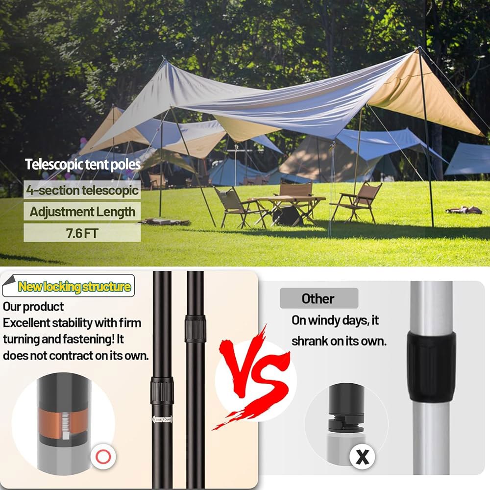 조절 가능한 헤비 듀티 방수포 7.6피트, 보호 캡이 있는 XINCAMPING 알루미늄 텐트 폴 - 캠핑, 하이킹, 캐노피 및 야외 쉼터를 위한 녹슬지 않는 차양 4팩 2 - 상세 이미지 3