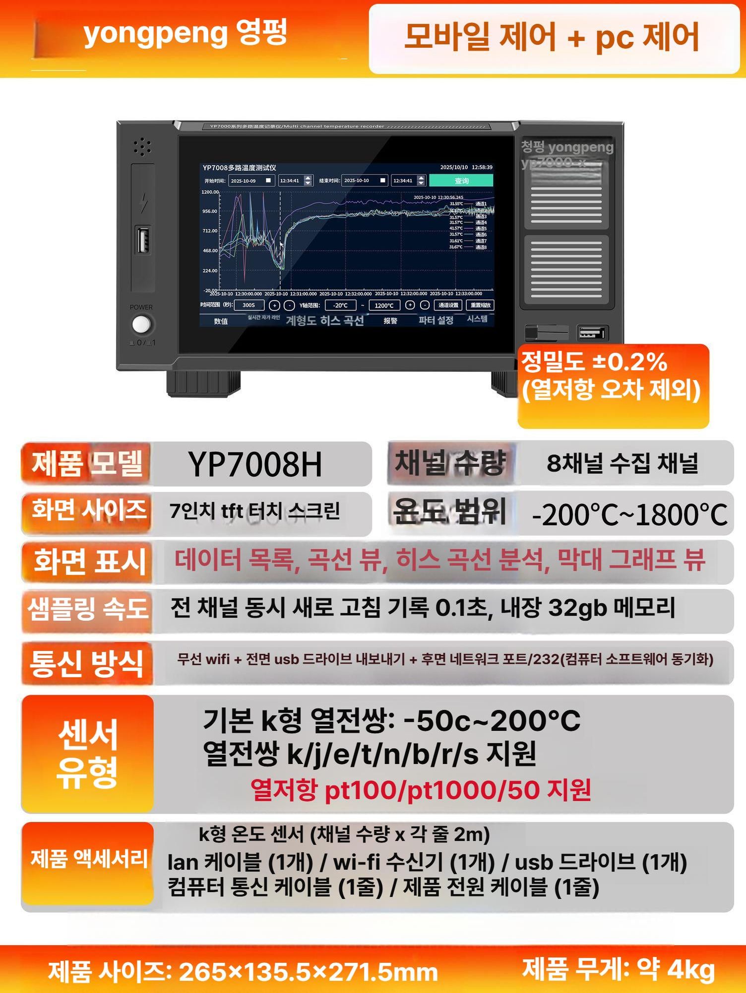 멀티채널 온습도 데이터로거 7인치 터치스크린 실시간 모니터링 온도기록계 산업용 환경측정기 - 상품 이미지