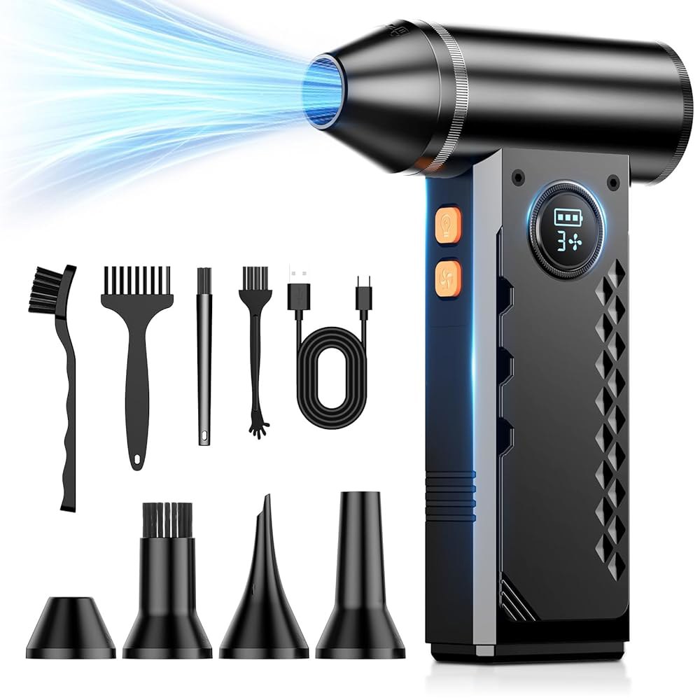 압축 공기 집진기, LED 디스플레이 및 조명이 장착된 1500RPM 전기 4 기어 조절식 무선 송풍기, 키보드, 전자 기기, 가정, 자동차용 충전식 브러시리스 모터 터보 - 상품 이미지