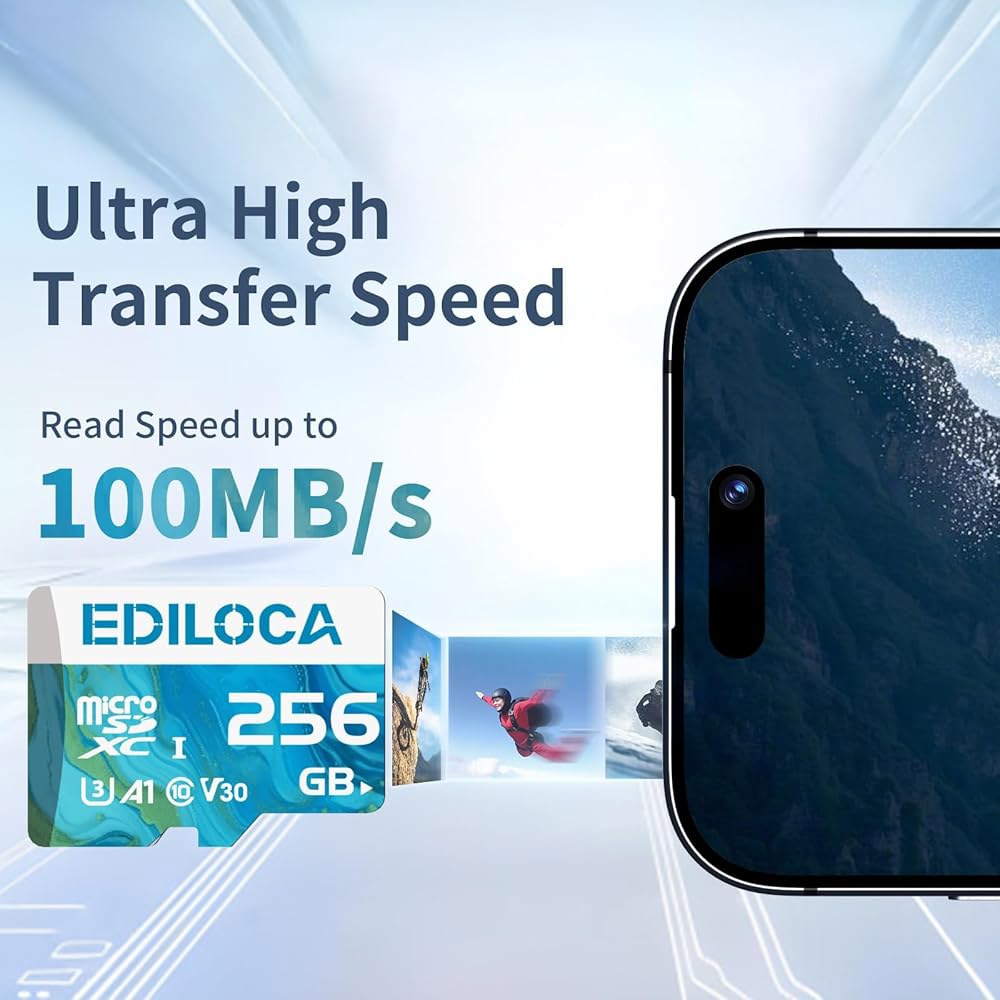 Ediloca 256GB 마이크로 SD 카드, 어댑터 포함 메모리 읽기 속도 최대 100MB/s, 4K 비디오 녹화용 UHS-I TF 스마트폰, 대시캠, 카메라 및 드론, C10, - 상세 이미지 3