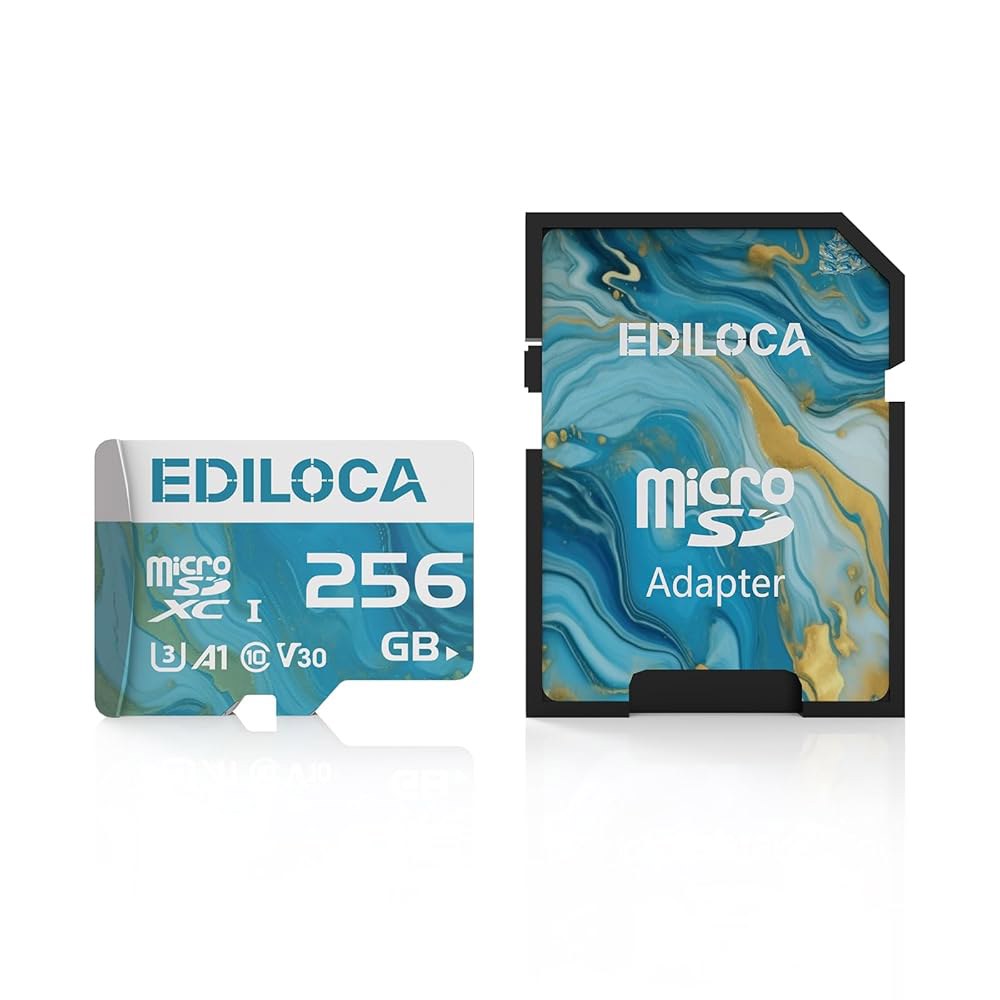 Ediloca 256GB 마이크로 SD 카드, 어댑터 포함 메모리 읽기 속도 최대 100MB/s, 4K 비디오 녹화용 UHS-I TF 스마트폰, 대시캠, 카메라 및 드론, C10, - 상품 이미지