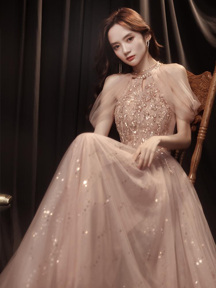 여성 프렌치 이브닝 드레스 웨딩 연회 공식 행사 포멀 가운 우아한 민소매 실크 셔니 파티 드레스 - 상세 이미지 2