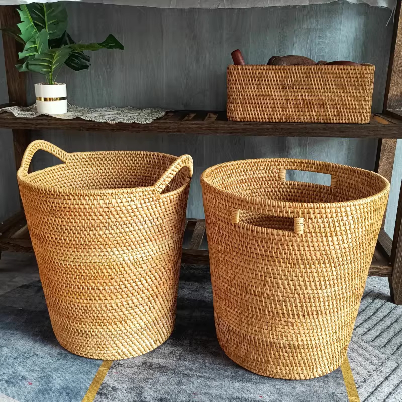 라탄 원형 바구니 홈가드닝 내츄럴 수납 대형 정리 35x40cm - 상세 이미지 4