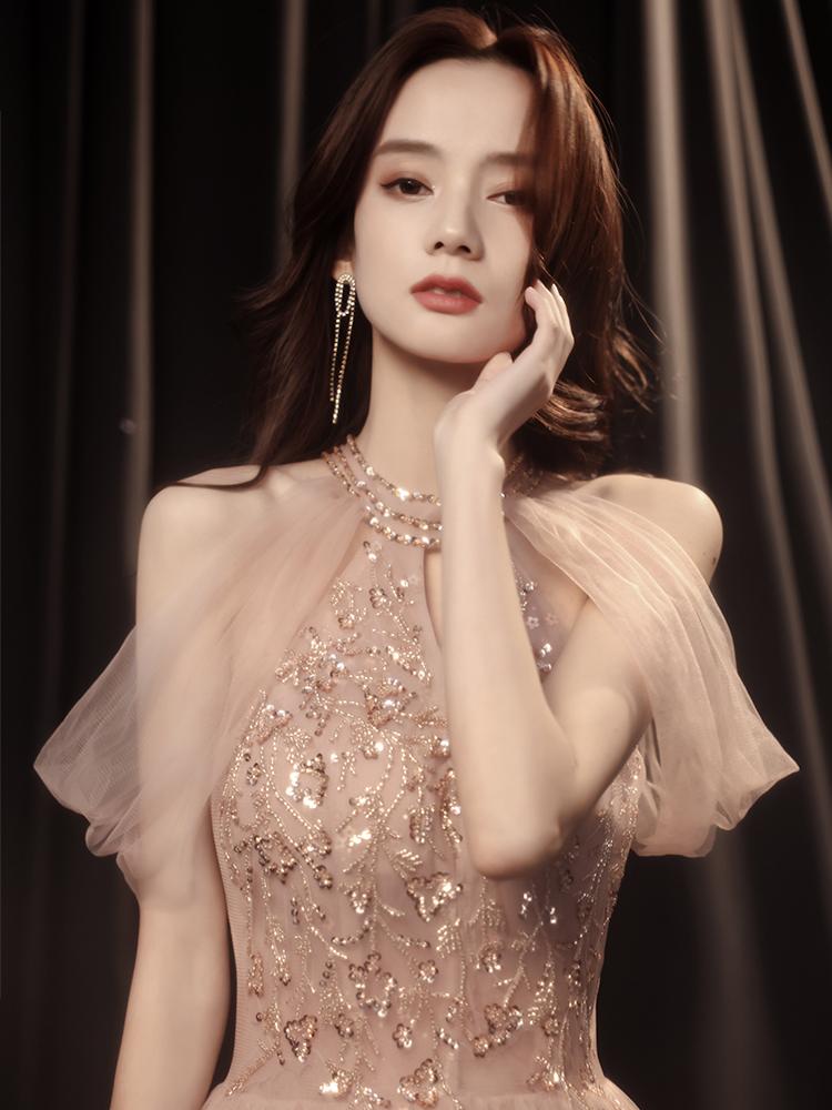 여성 프렌치 이브닝 드레스 웨딩 연회 공식 행사 포멀 가운 우아한 민소매 실크 셔니 파티 드레스 - 상세 이미지 3