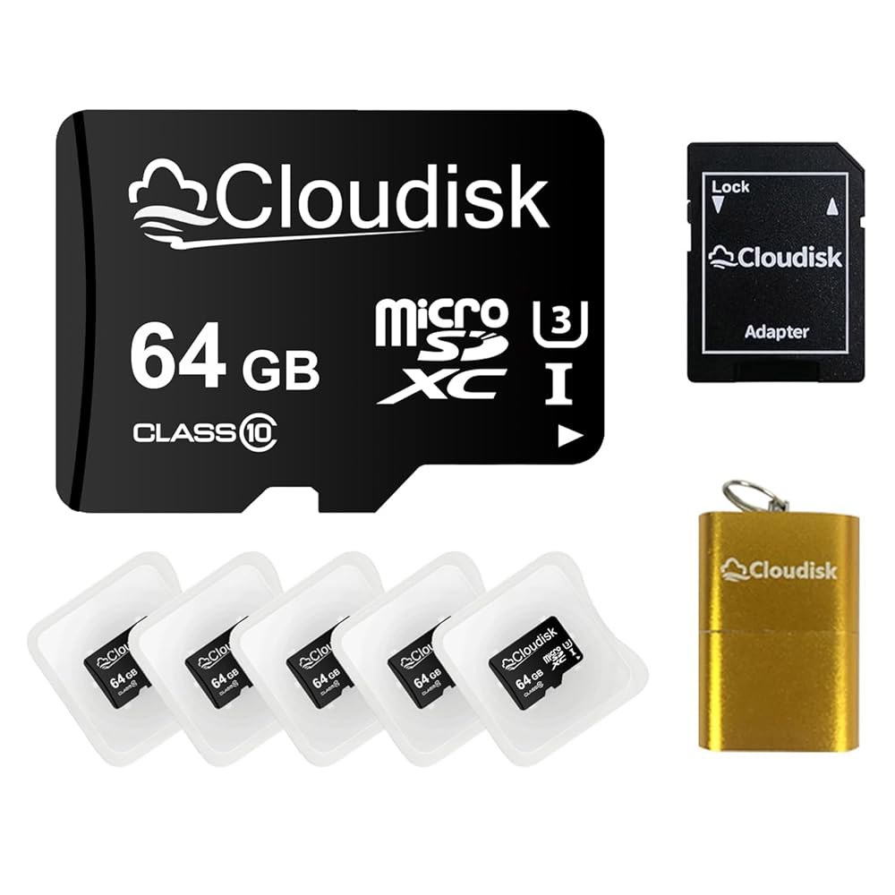 SD 어댑터, 카드 리더(64GB)가 포함된 5개의 마이크로 64GB 플래시 메모리 SDXC C10 A2 U3 클라우드리스크 1GB - 상품 이미지