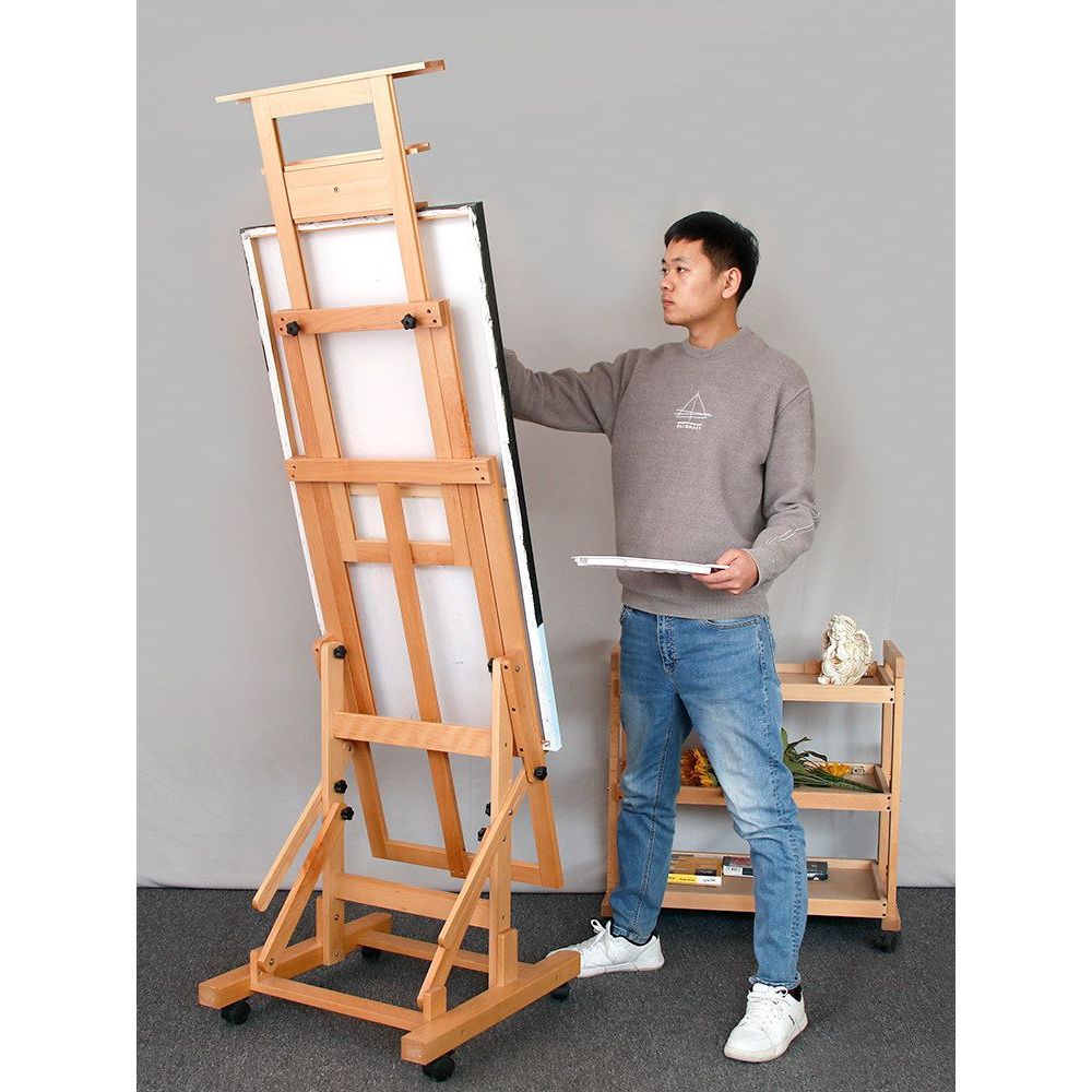 대형 이젤 접이식 작업대 캔버스 드로잉 학원 바퀴달린 유화 회화 전시회 원목색 조절 - 상품 이미지