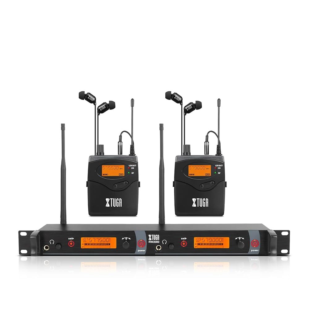 XTUGA RW2080 무선 귀 모니터 시스템, 2개의 수신기가 있는 모노 IEM UHF 2 40 주파수, 음악가, 밴드, 스튜디오 및 무대 모니터링을 위한 300피트 안정적 전송 - 상품 이미지