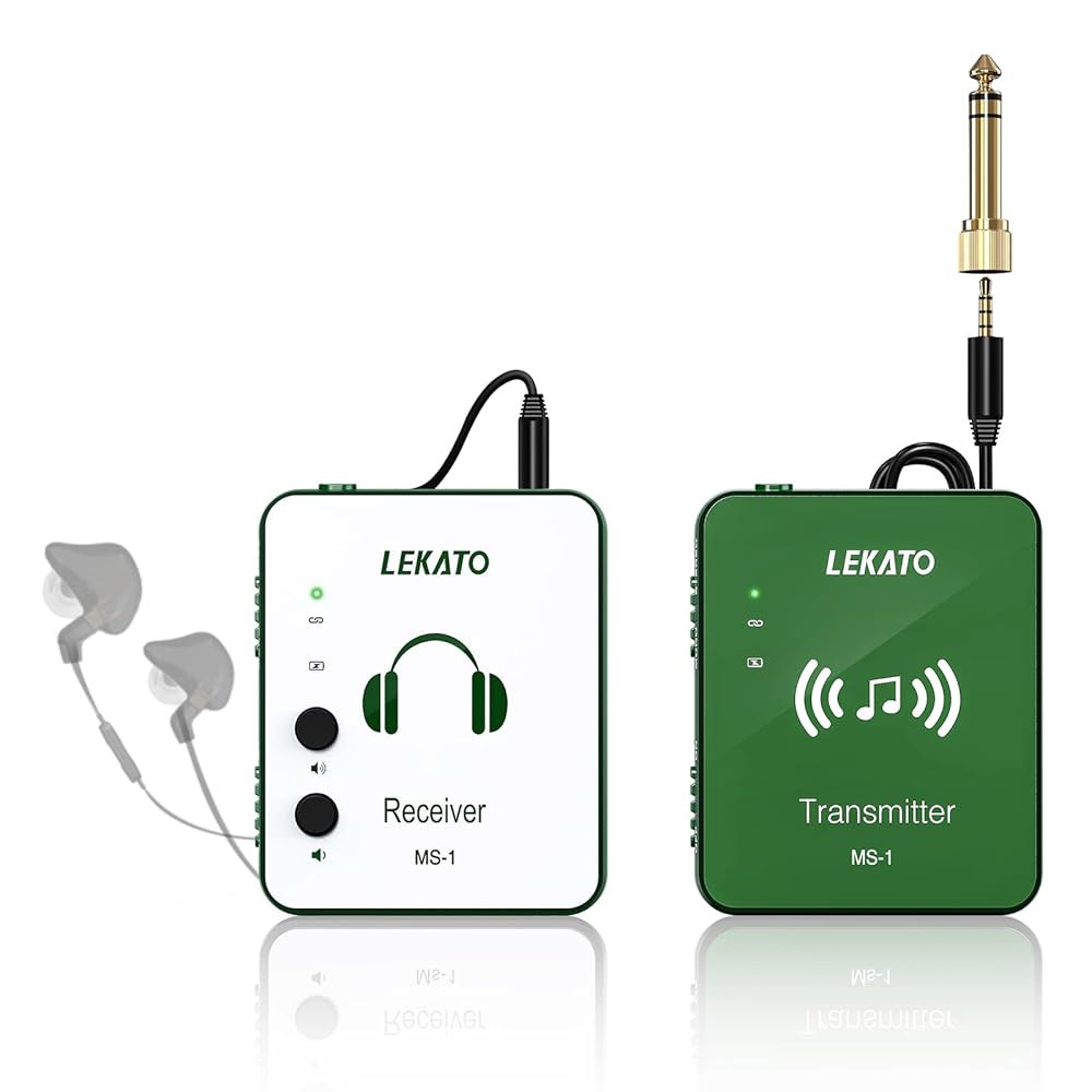 레카토 무선 이어 모니터 시스템, 송신기 벨트팩 수신기 자동 페어링 기능이 있는 2.4G 스테레오 IEM 스튜디오, 밴드 리허설, 라이브 공연, 그린 지원 Black - 상품 이미지