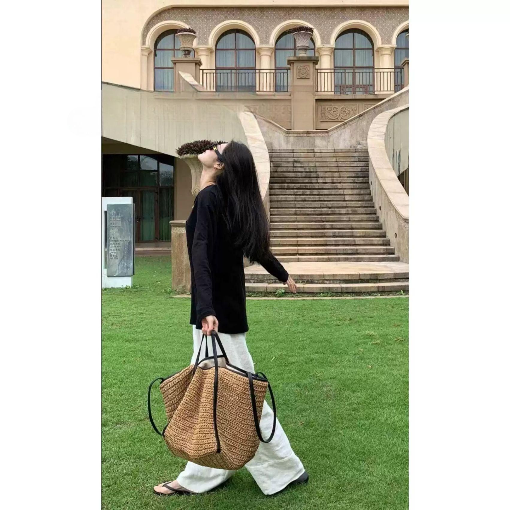 여성 라탄 토트백 대용량 숄더백 여름 데일리 비치백 연갈색 - 상품 이미지