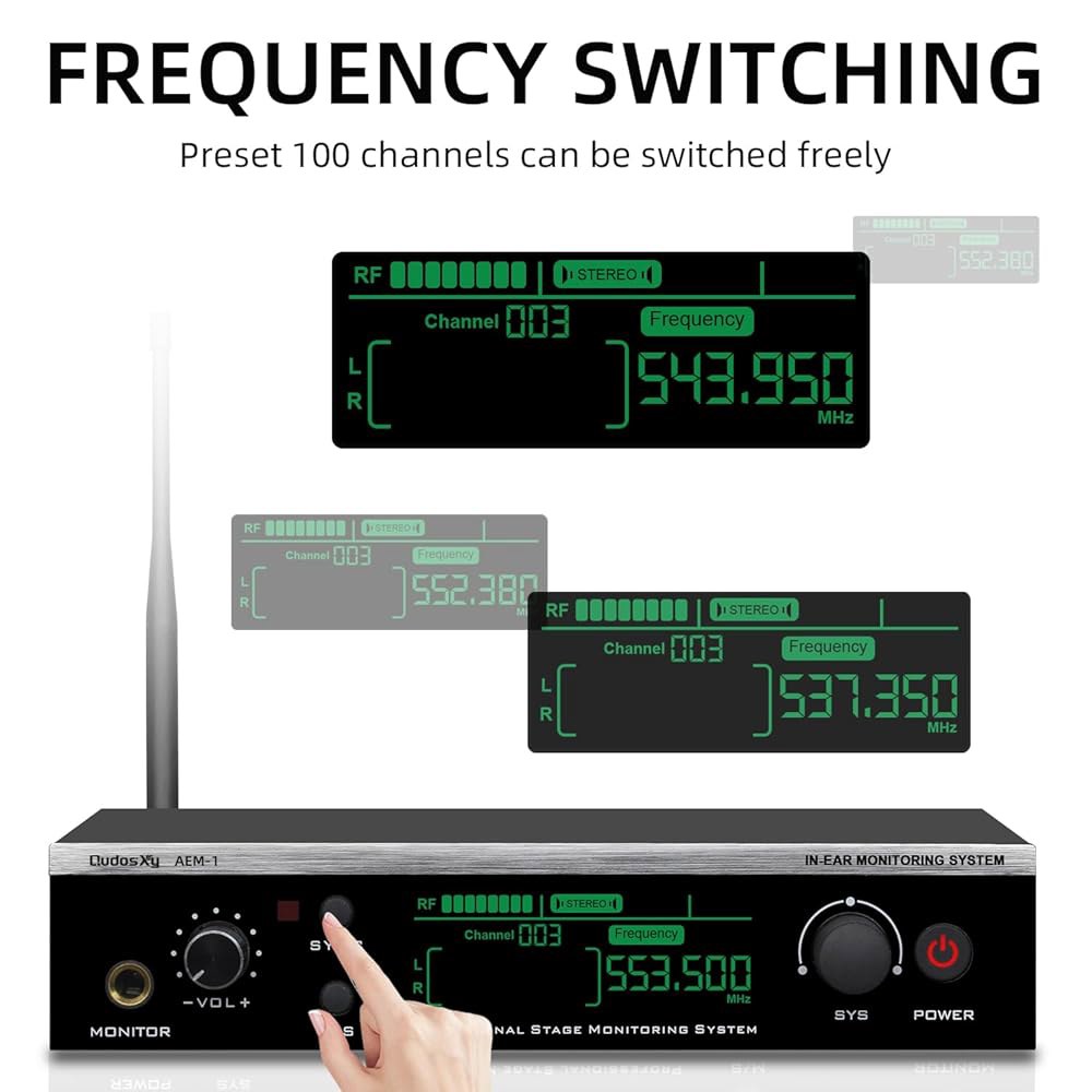 QudosXy UHF 무선 이어 모니터 시스템 - 무대 퍼포먼스, 스튜디오 녹음 및 밴드 모니터링을 위한 2개의 바디팩 수신기가 있는 듀얼 채널 스테레오 IEM 시스템, 2 - 상세 이미지 2