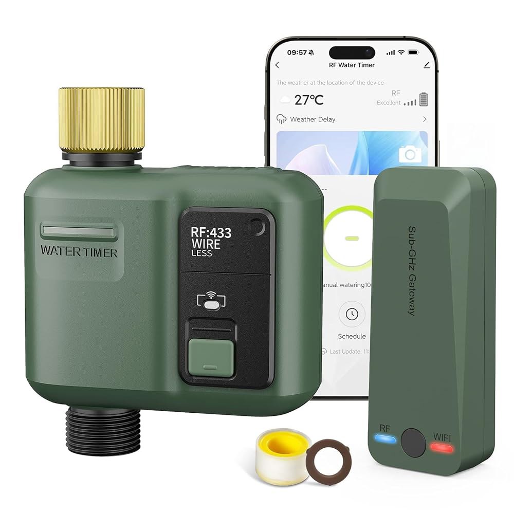 정원 호스용 WiFi 워터 타이머, 984피트 RF 범위의 스마트 스프링클러 컨트롤러, 잔디 급수 시스템 관개 APP/음성 제어, 강우 지연, 수동 관개(브라스 흡입구) 1 Pc - 상품 이미지