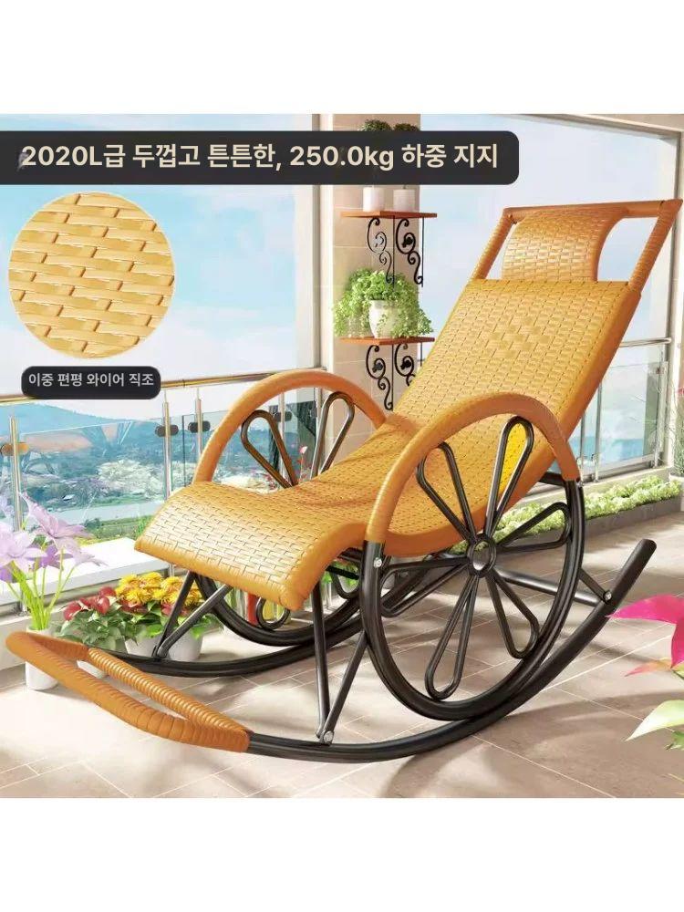 라탄 흔들의자 안락 1인용 테라스 거실 스윙 북유럽 편한 야외용 호피색 쿠션 엔틱 - 상세 이미지 4