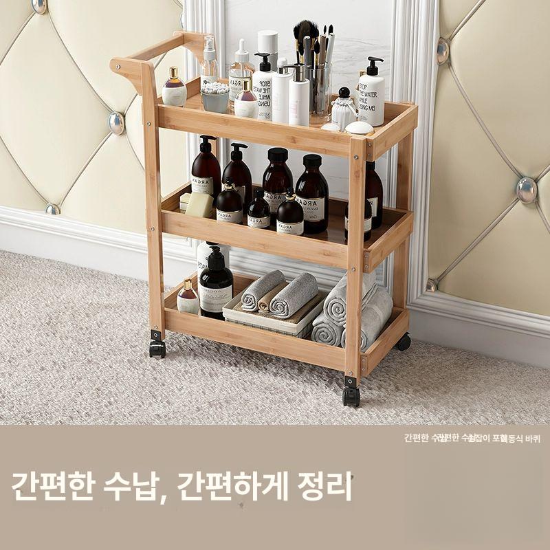 선반 카트 스파 미용실 다용도 네일샵 수납형 원목색 원목웨건 뷰티 우드트롤리 - 상세 이미지 5