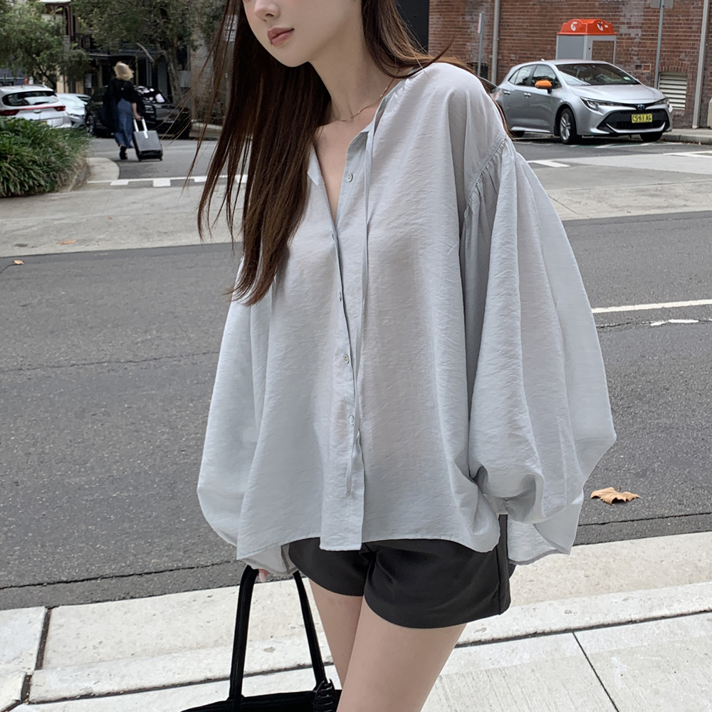 데일리 셔링 블라우스 빅사이즈 루즈핏 셔츠블라우스 하객룩 오피스룩 얇은 - 상세 이미지 4