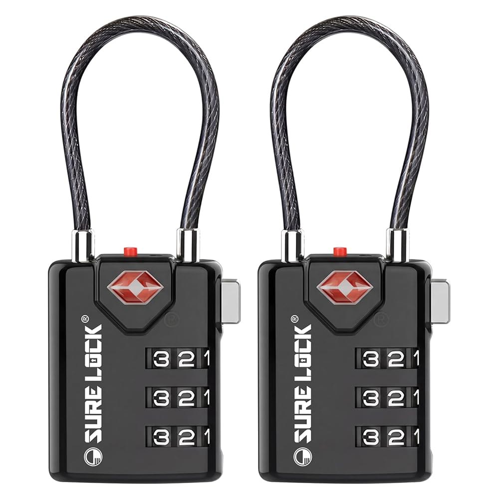 SURE LOCK TSA 호환 여행용 수하물 잠금 장치, 검사 표시기, 읽기 쉬운 다이얼 - 2팩 1 BLACK 1 PACK - 상품 이미지
