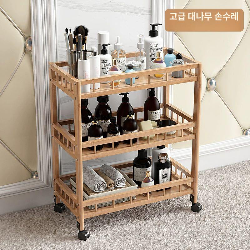 선반 카트 스파 미용실 다용도 네일샵 수납형 원목색 원목웨건 뷰티 우드트롤리 - 상세 이미지 4