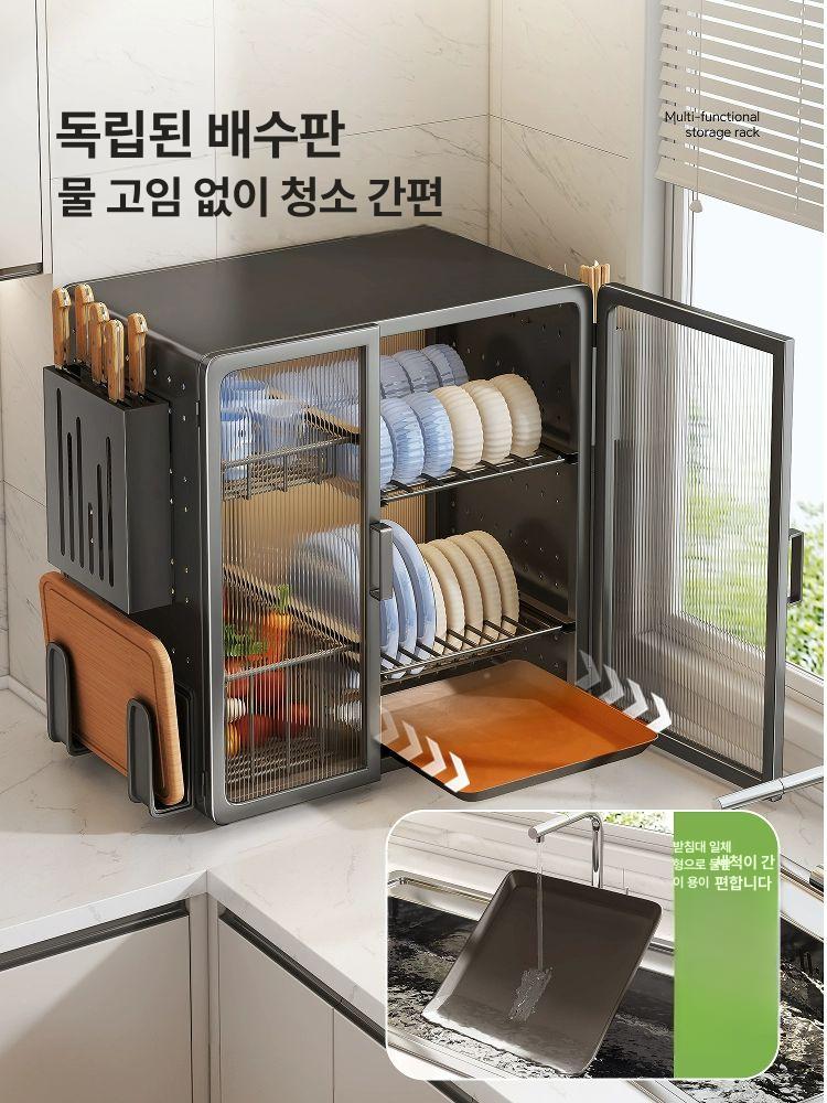 슬라이딩 식기건조대 보관함 정리대 접시 캐비닛 다용도 랙 양념통 물빠짐 그릇장 - 상세 이미지 3