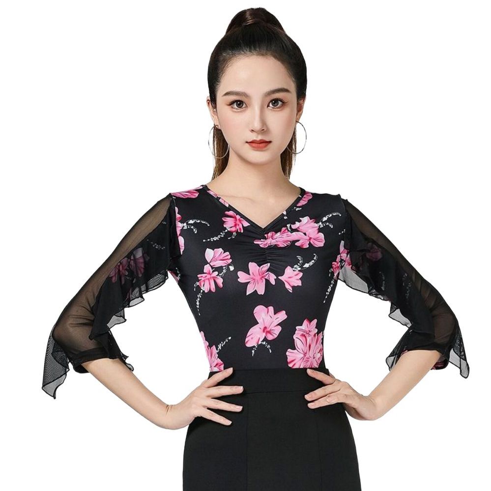 반팔티셔츠 라틴댄스 빅사이즈 여자 민소매 크롭 레이어드 루즈핏 여성 이너 여름 나시 라운드 꽃 M - 상품 이미지