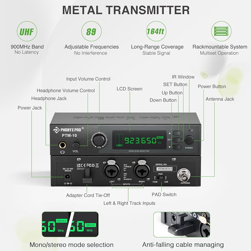 페닉스 프로 UHF 스테레오 무선 이어 모니터 시스템, IEM, 900MHz 대역 선택 가능 주파수, 랙 마운트 가능, 160피트. 작동, 무대, 스튜디오, 전시, 강연, 연설(P - 상세 이미지 2
